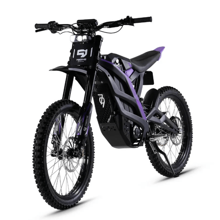 79BIKE Falcon Pro electric dirt bike, front three-quarter view in purple