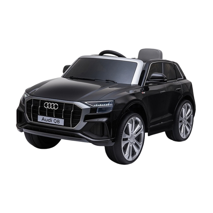 Audi Q8 electric ride-on car for kids, front three-quarter view in black
