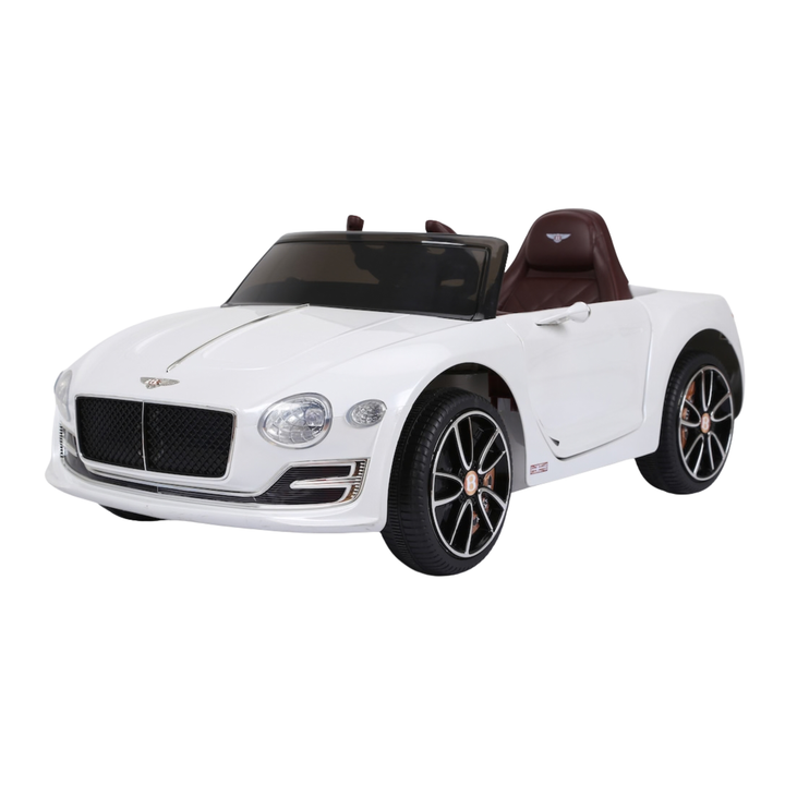 Bentley EXP 12 electric ride-on car for kids, front three-quarter view in white