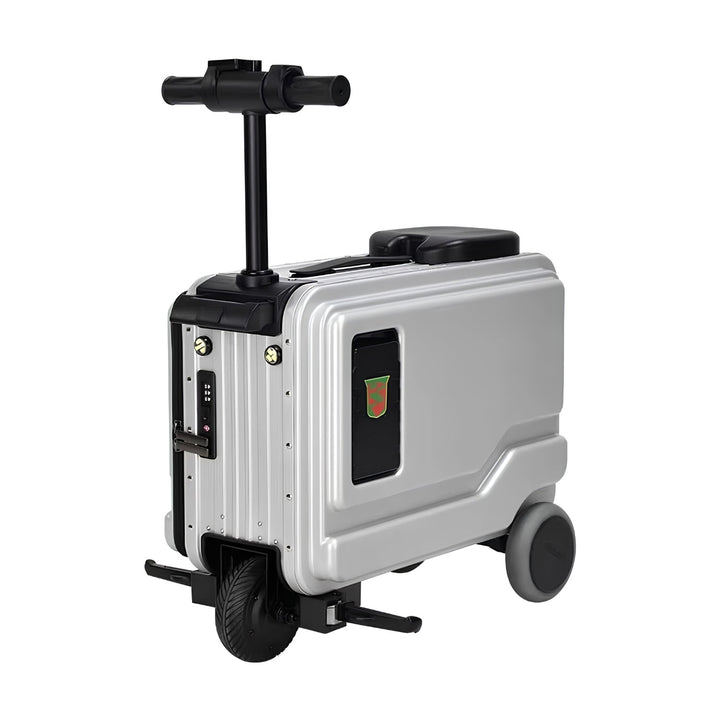 PowerDrive Pro Edition electric ride-on suitcase in silver, front three-quarter view