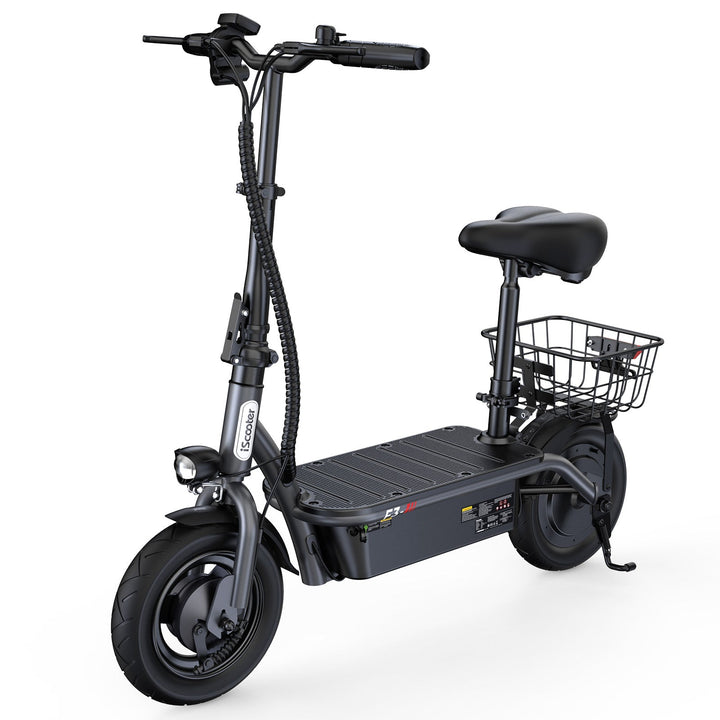 iScooter F3 electric scooter, front three-quarter view with seat