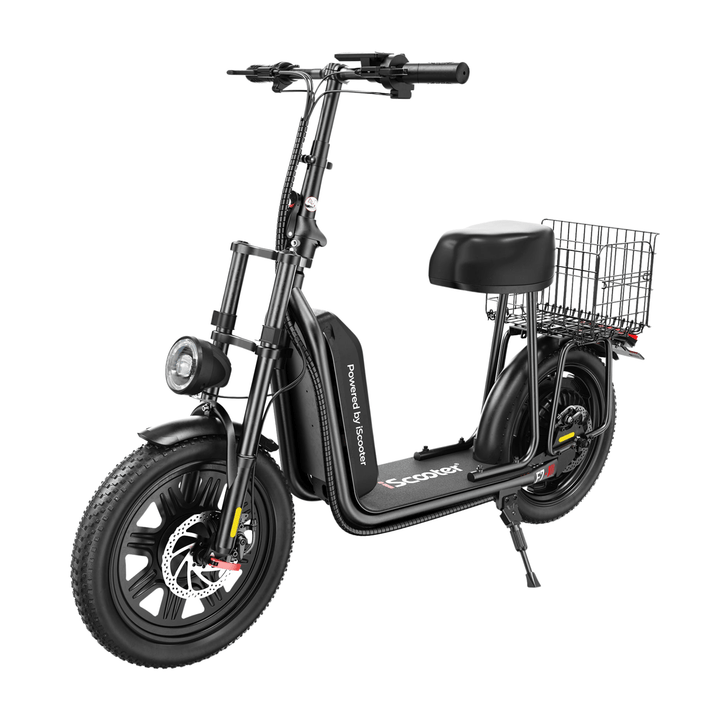 iScooter F7 electric scooter, front three-quarter view with seat