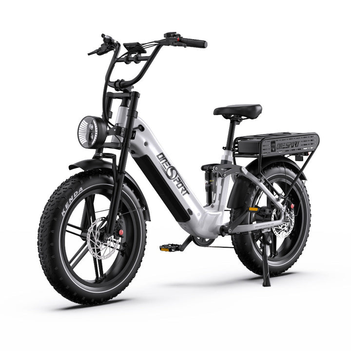 OneSport OT08 Pro fat-tyre e-bike, front three-quarter view in white