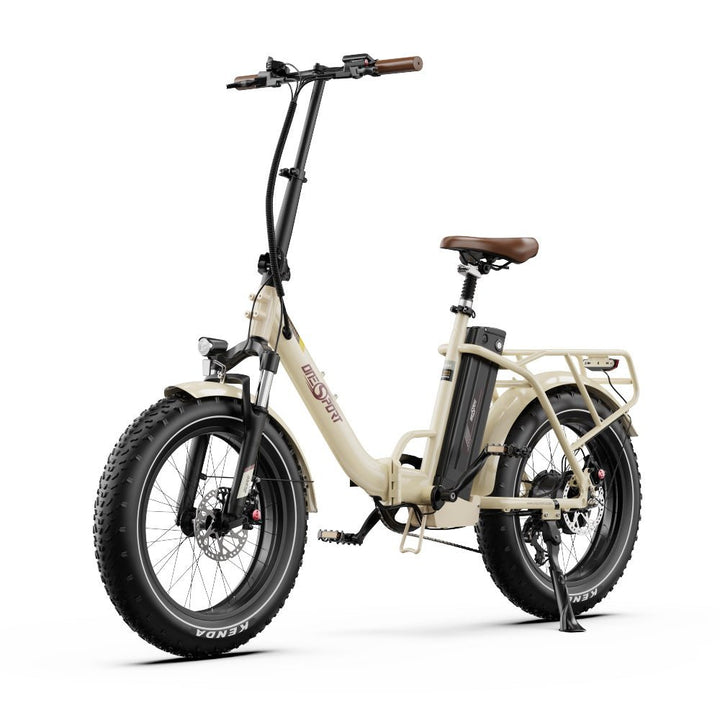 OneSport OT16 Max folding fat-tyre e-bike, front three-quarter view in beige