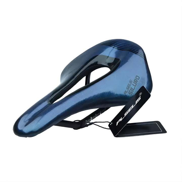 E-bike saddle Carbon Fiber Edition in blue, angled view
