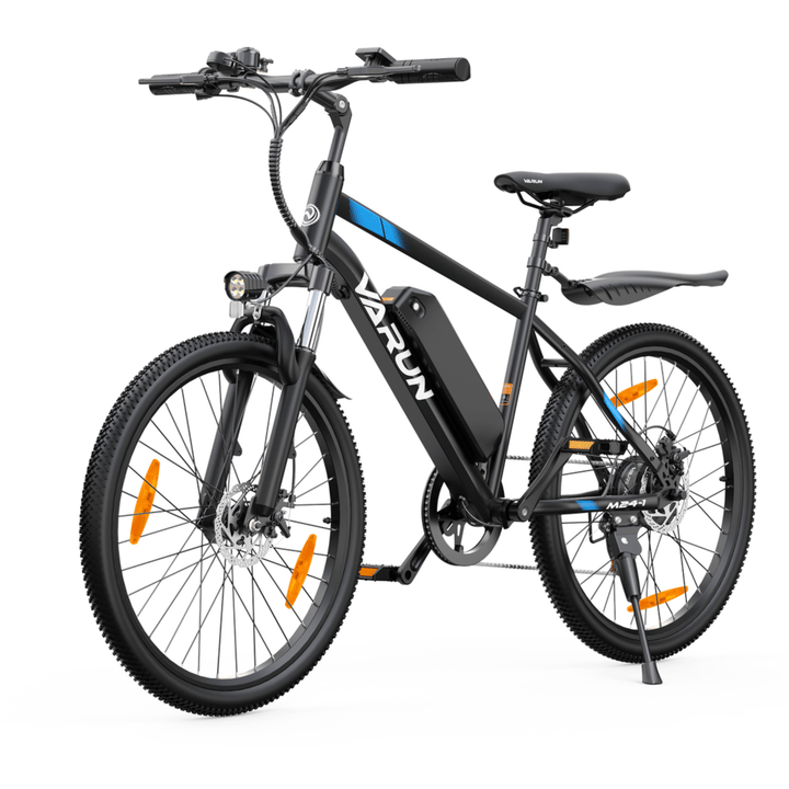 VARUN M24-1 electric mountain bike, front three-quarter view in black