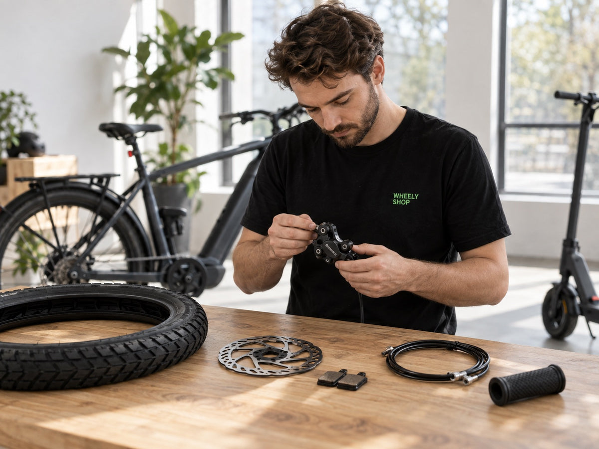 Wheelyshop technician fitting a brake caliper at a workbench with tyre, brake disc, brake pads and cables – spare parts for e-bikes and electric scooters