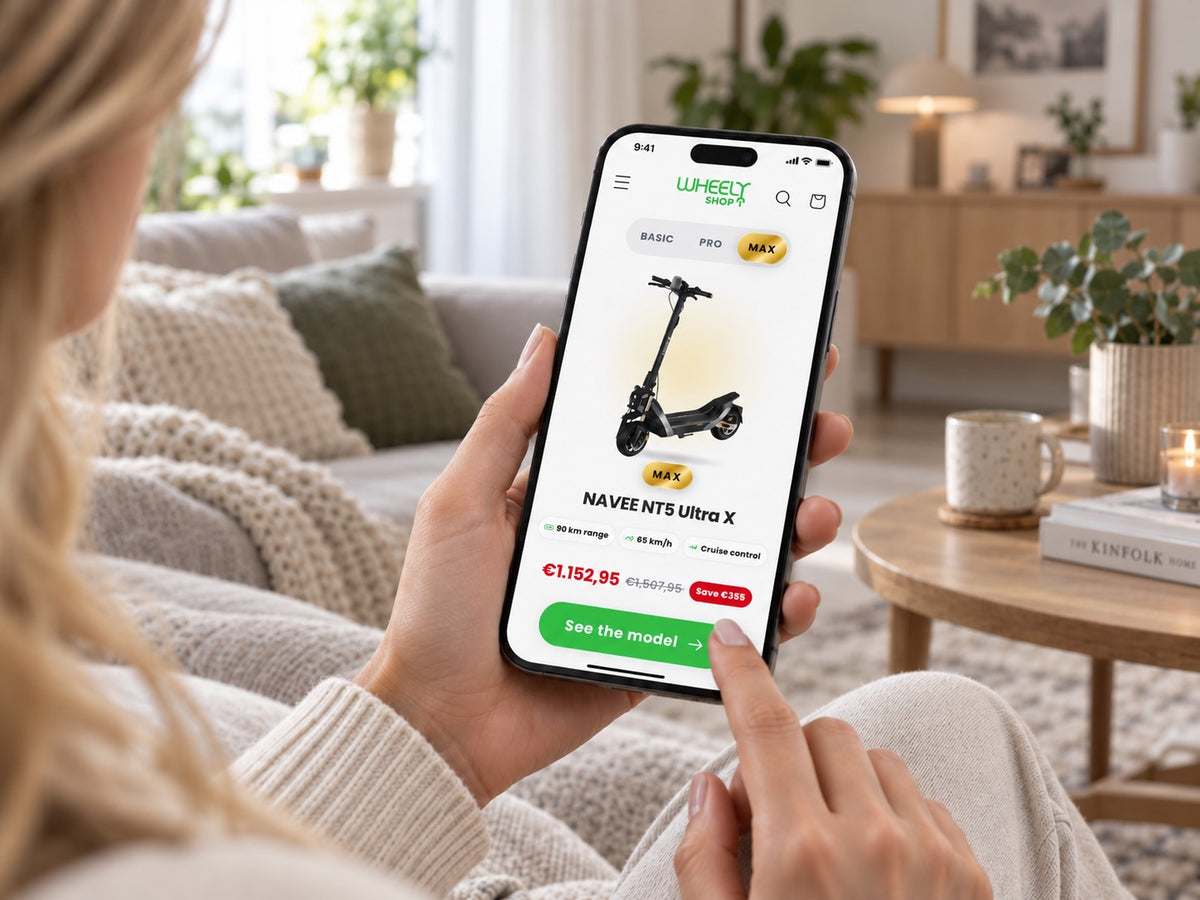 Customer placing an order for an electric scooter in the Wheelyshop mobile shop – every order plants a tree