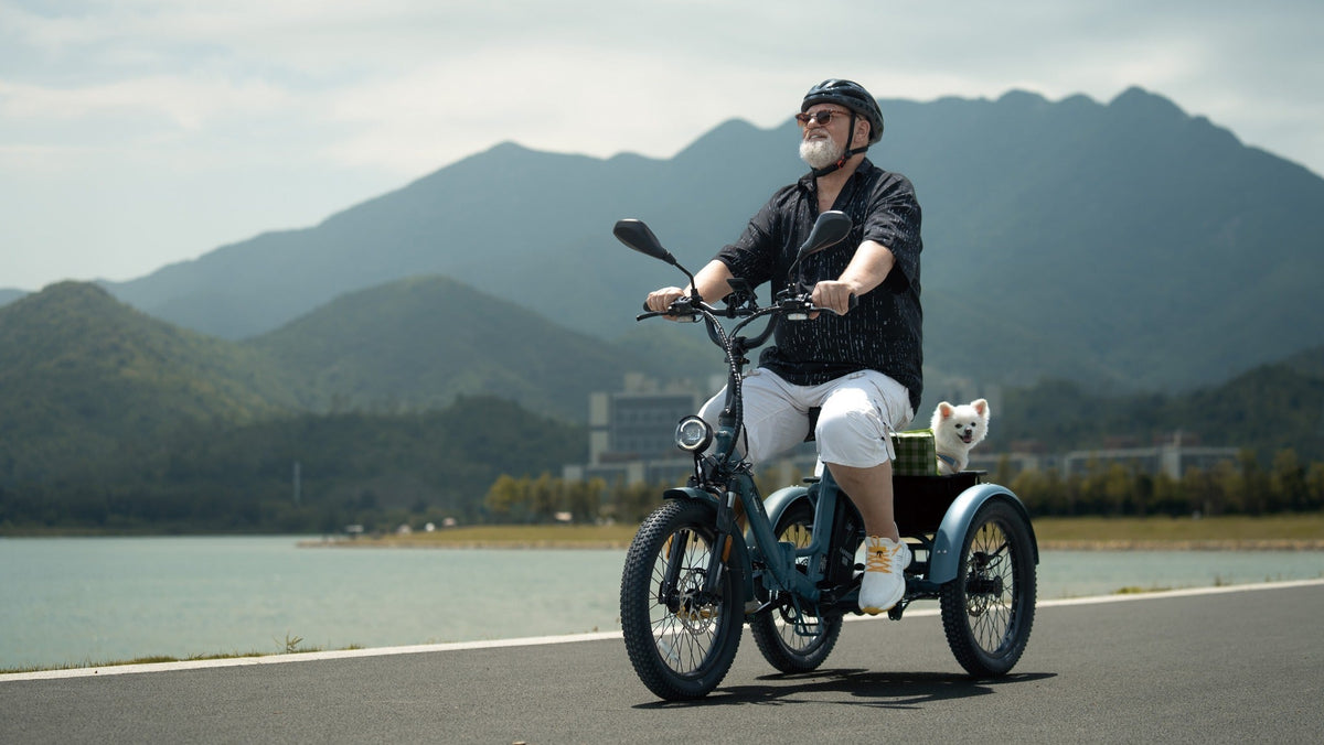 Older man in a helmet riding a teal electric trike with a basket and a small dog on the back, by a lake with mountains