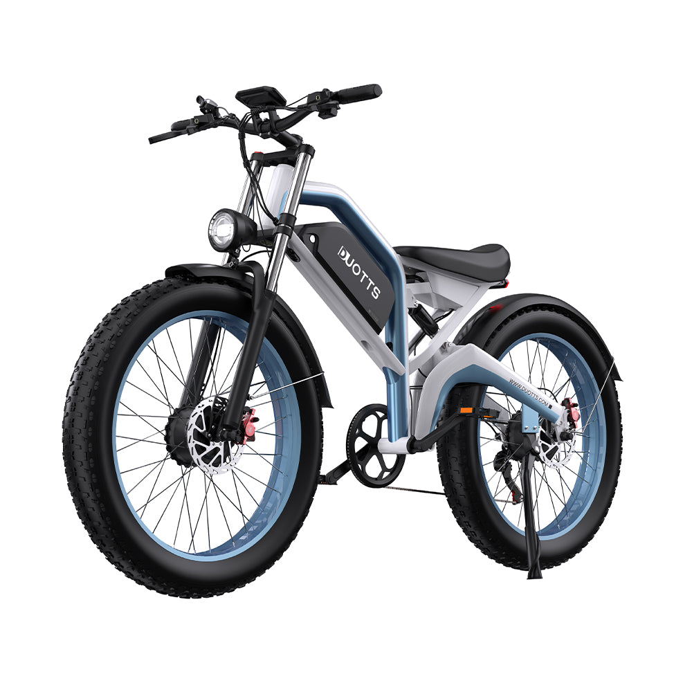 Duotts N26 fat-tyre e-bike, front three-quarter view in grey