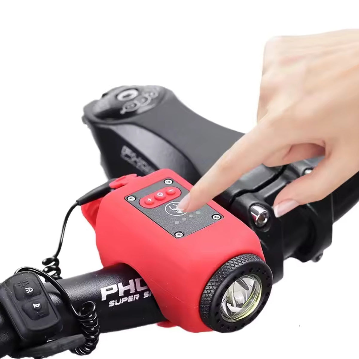2-in-1 electric horn and headlight in red fitted on the electric scooter