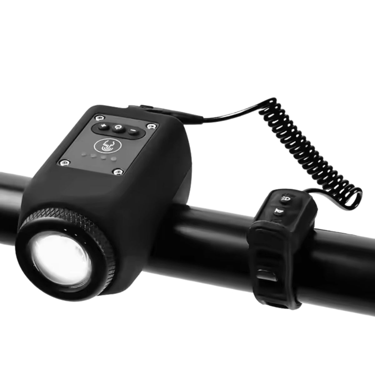 2-in-1 electric horn and headlight in black mounted on handlebars