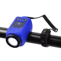 2-in-1 electric horn and headlight in blue on the electric scooter, angled view
