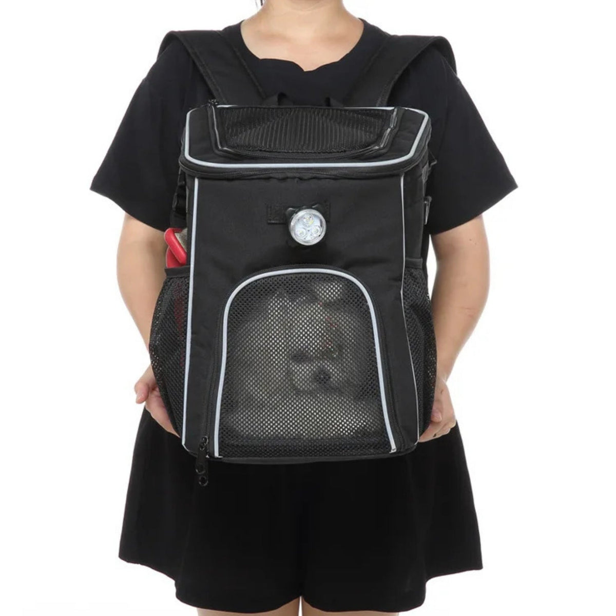 Foldable 2-in-1 pet bike bag and backpack in black, worn by a person, front view