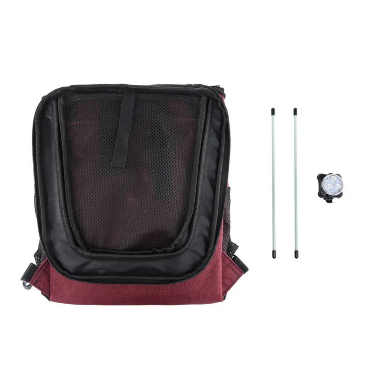 Foldable 2-in-1 pet bike bag and backpack in red with included parts