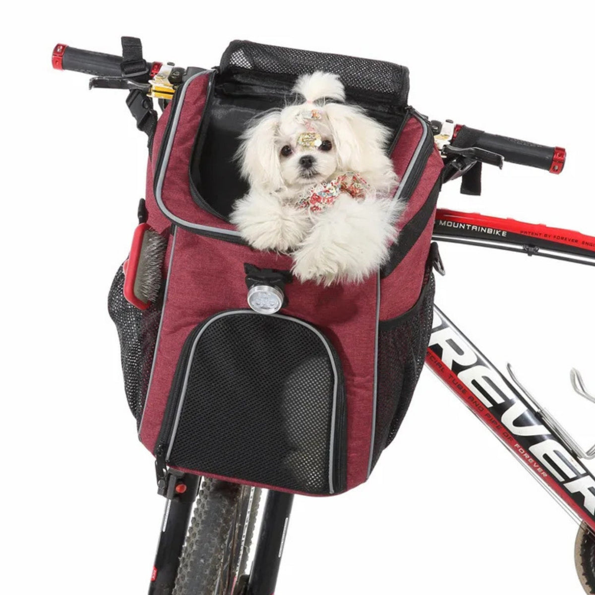 Foldable 2-in-1 pet bike bag and backpack in red with a dog inside
