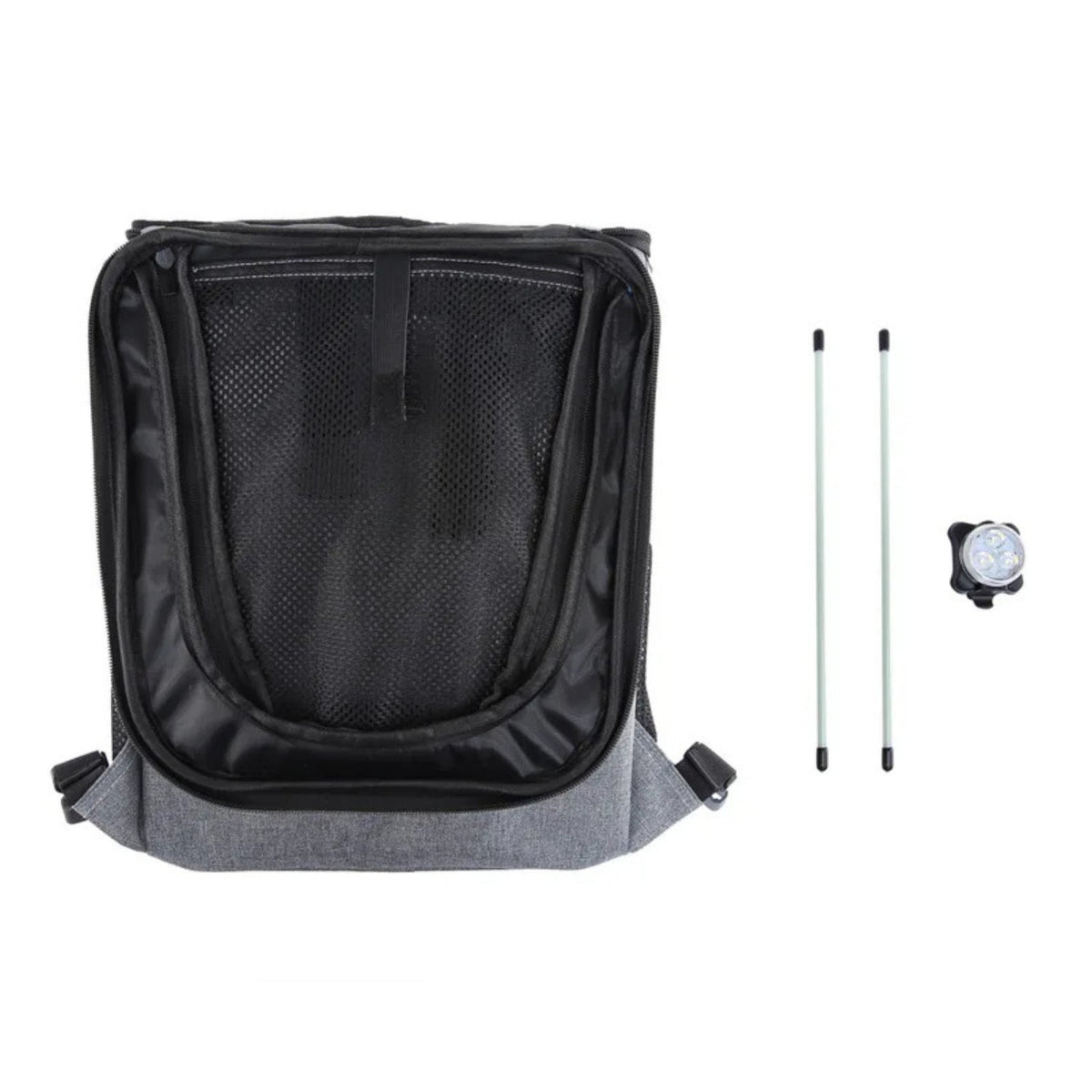 Foldable 2-in-1 pet bike bag and backpack in grey with included parts