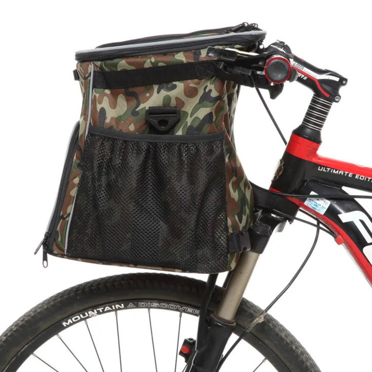 Foldable 2-in-1 pet bike bag and backpack in camouflage on a bicycle, side view
