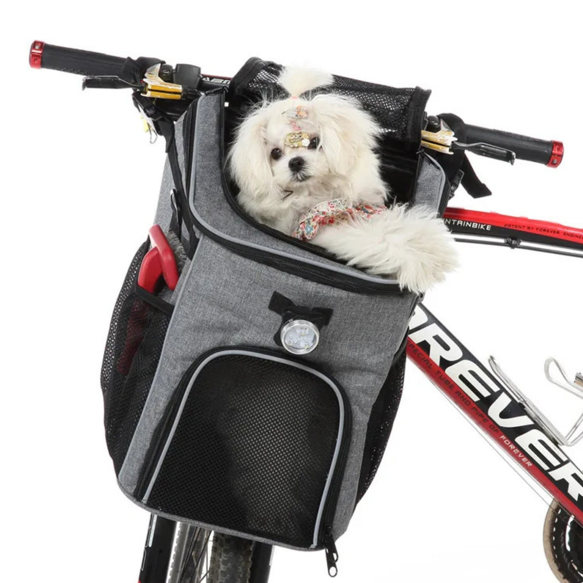 Foldable 2-in-1 pet bike bag and backpack in grey with a dog inside