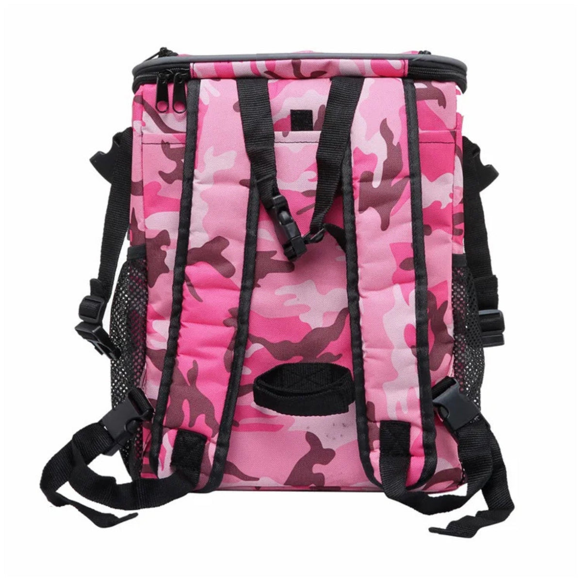 Foldable 2-in-1 pet bike bag and backpack in pink, rear view
