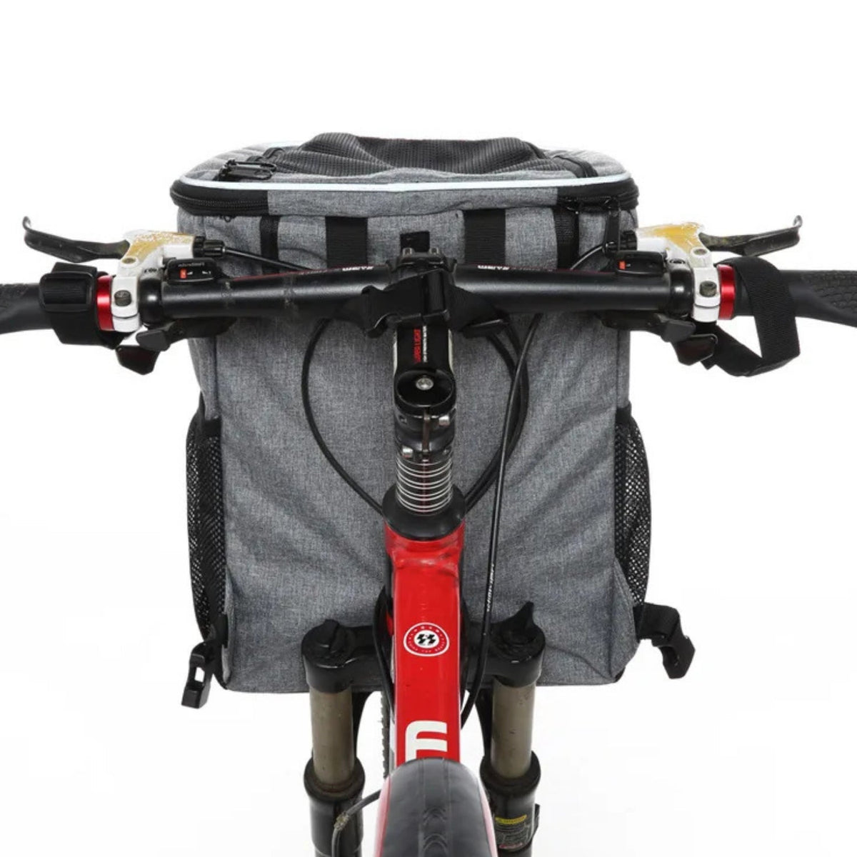 Foldable 2-in-1 pet bike bag and backpack in grey on the bicycle, front view