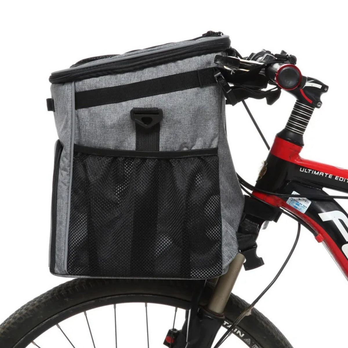 Foldable 2-in-1 pet bike bag and backpack in grey on a bicycle, side view