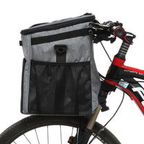 Foldable 2-in-1 pet bike bag and backpack in grey on a bicycle, side view