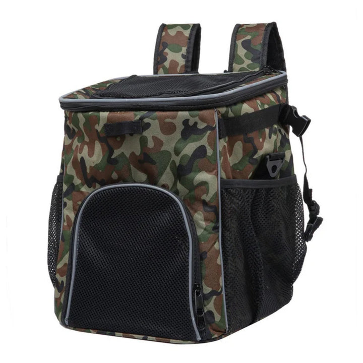 Foldable 2-in-1 pet bike bag and backpack in camouflage, angled view