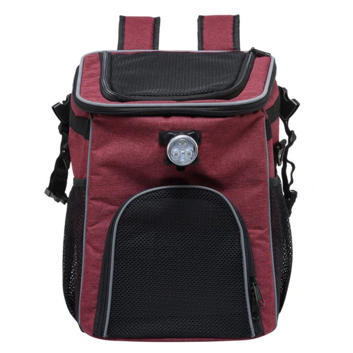 Foldable 2-in-1 pet bike bag and backpack in red, front view