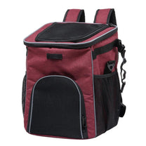 Foldable 2-in-1 pet bike bag and backpack in red, angled view