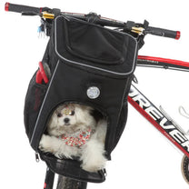 Foldable 2-in-1 pet bike bag and backpack in black with a dog inside, angled view