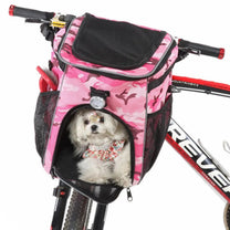 Foldable 2-in-1 pet bike bag and backpack in pink with a dog inside, angled view
