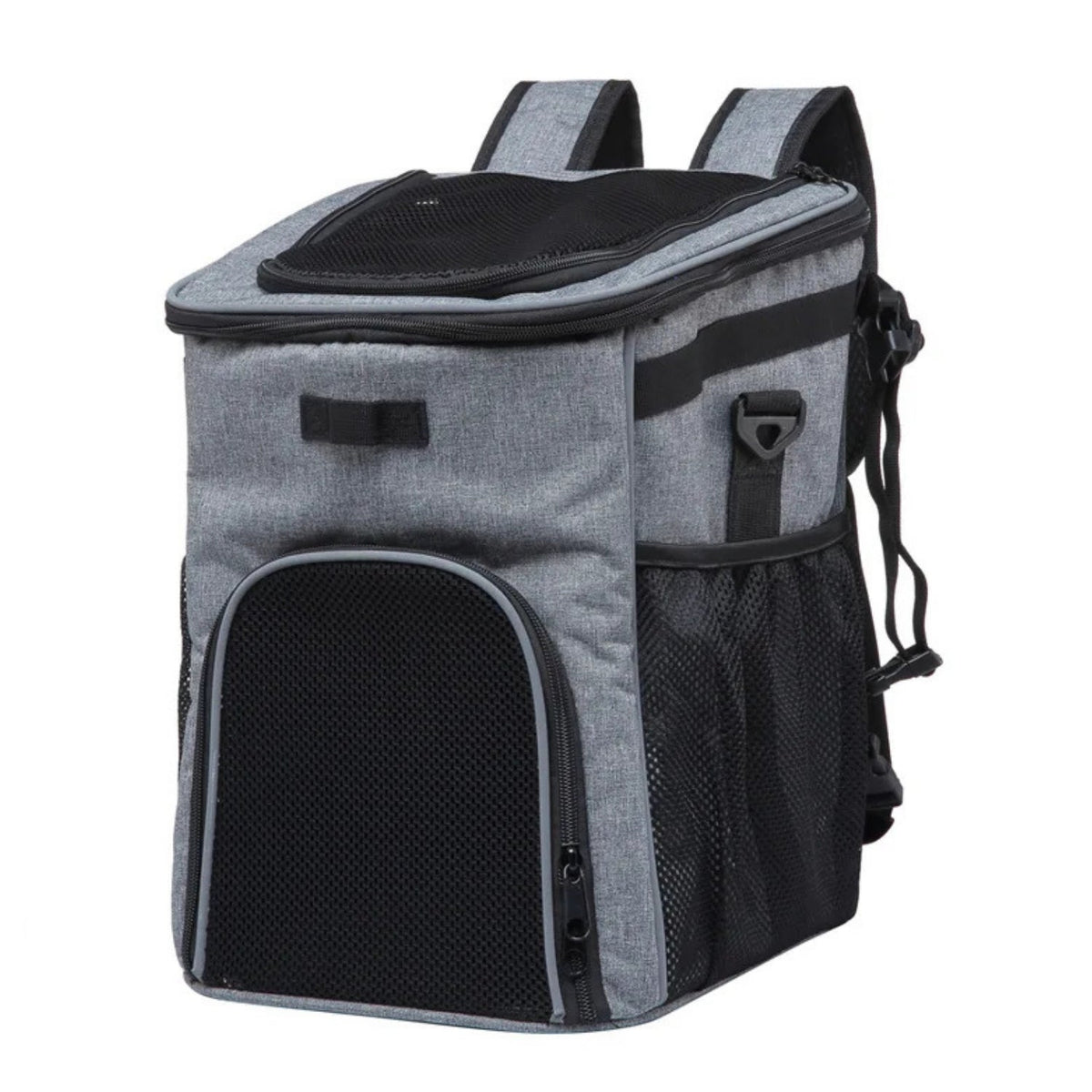 Foldable 2-in-1 pet bike bag and backpack in grey, angled view