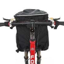 Foldable 2-in-1 pet bike bag and backpack in black on the bicycle, front view