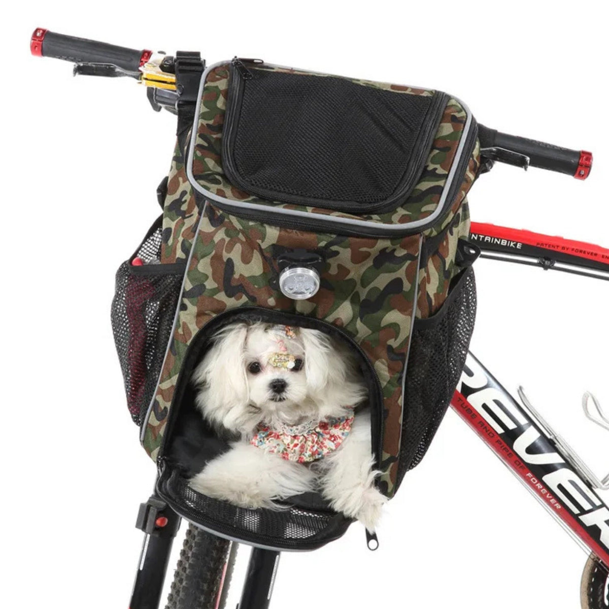 Foldable 2-in-1 pet bike bag and backpack in camouflage with a dog inside, angled view