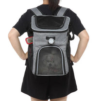 Foldable 2-in-1 pet bike bag and backpack in grey, worn by a person