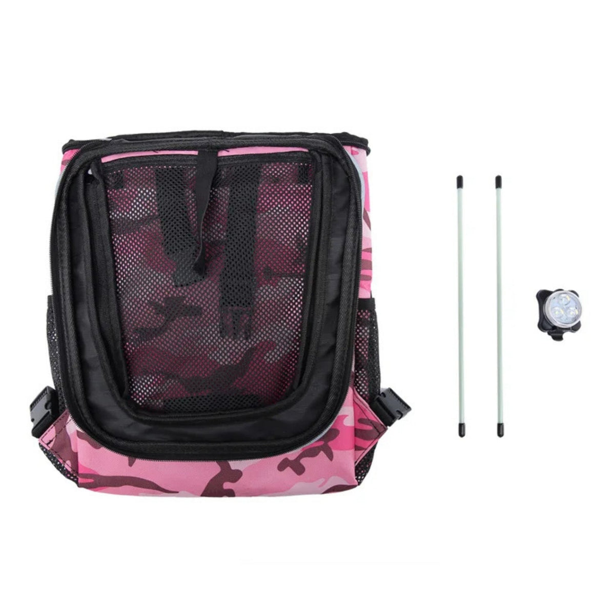 Foldable 2-in-1 pet bike bag and backpack in pink with included parts