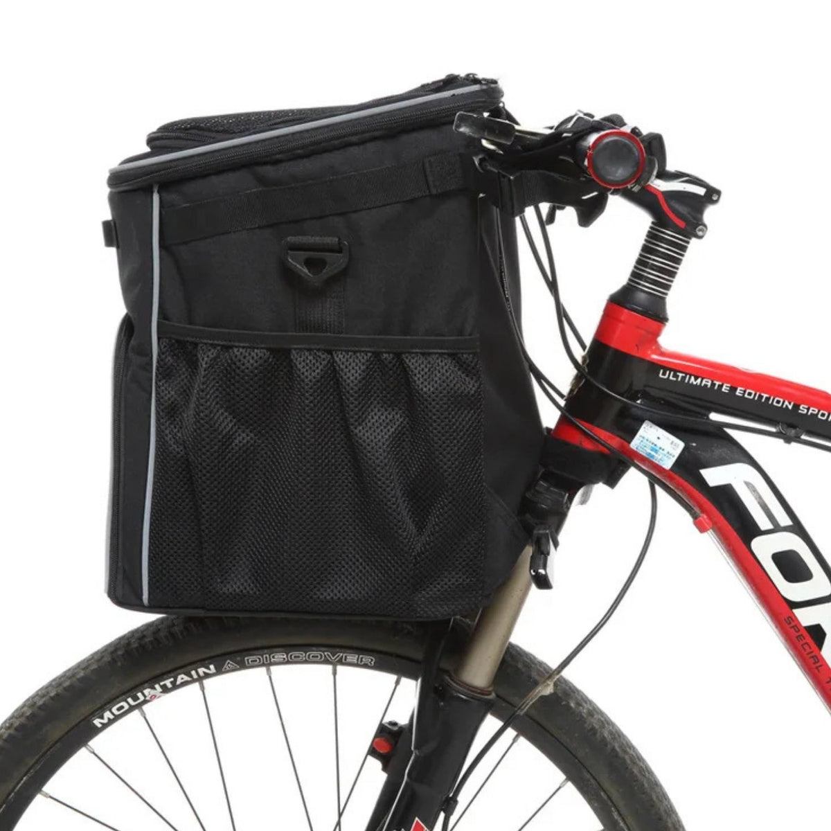 Foldable 2-in-1 pet bike bag and backpack in black on a bicycle, side view