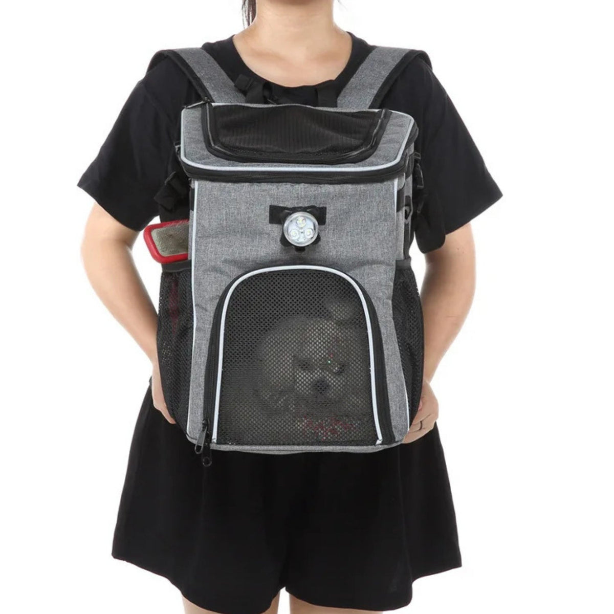 Foldable 2-in-1 pet bike bag and backpack in grey, worn by a person, front view