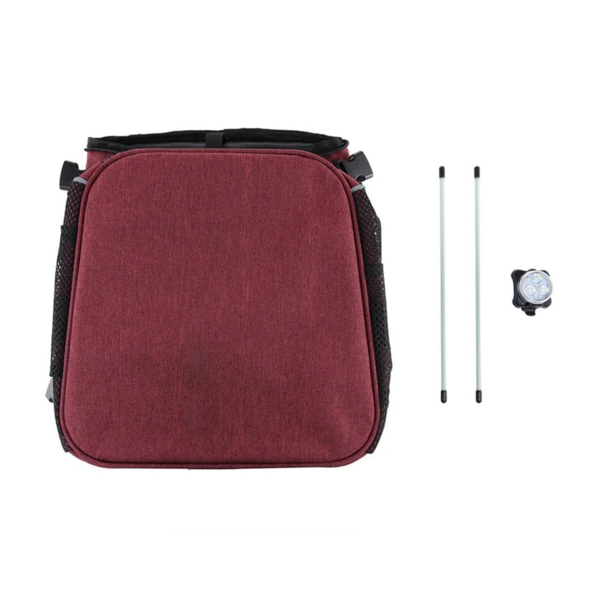 Foldable 2-in-1 pet bike bag and backpack in red, all parts of the set