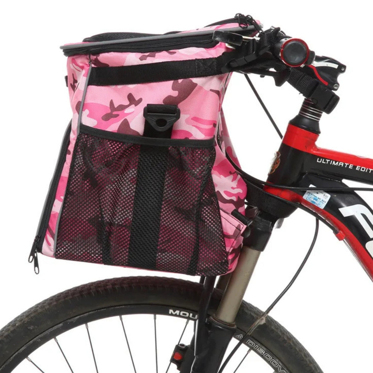 Foldable 2-in-1 pet bike bag and backpack in pink on a bicycle, side view
