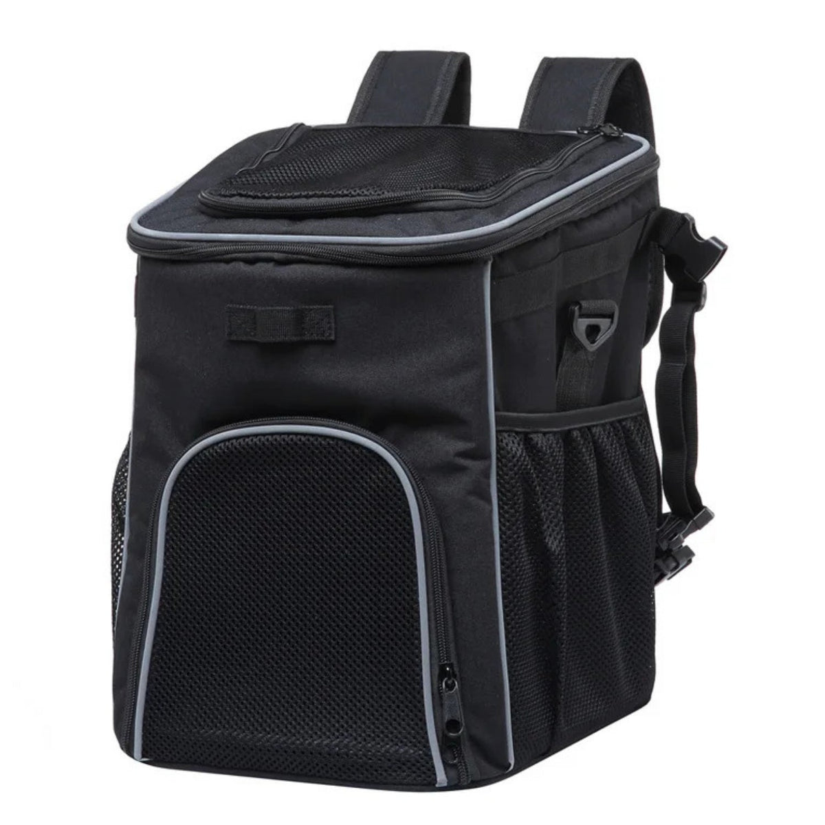 Foldable 2-in-1 pet bike bag and backpack in black, angled view