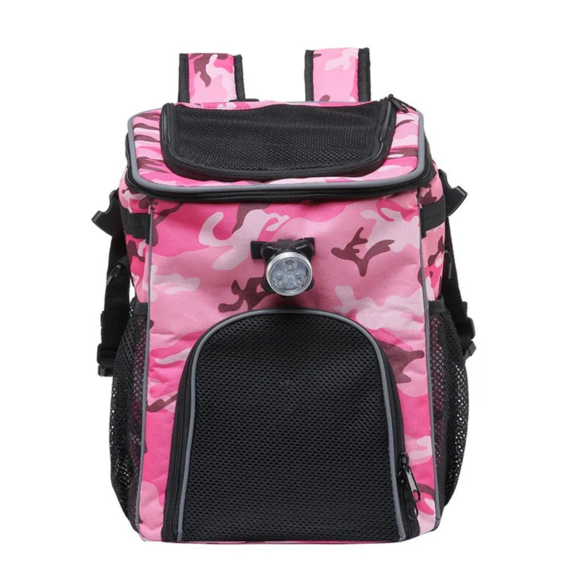 Foldable 2-in-1 pet bike bag and backpack in pink, front view
