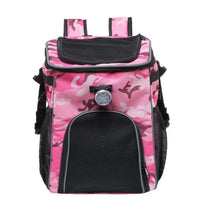 Foldable 2-in-1 pet bike bag and backpack in pink, front view