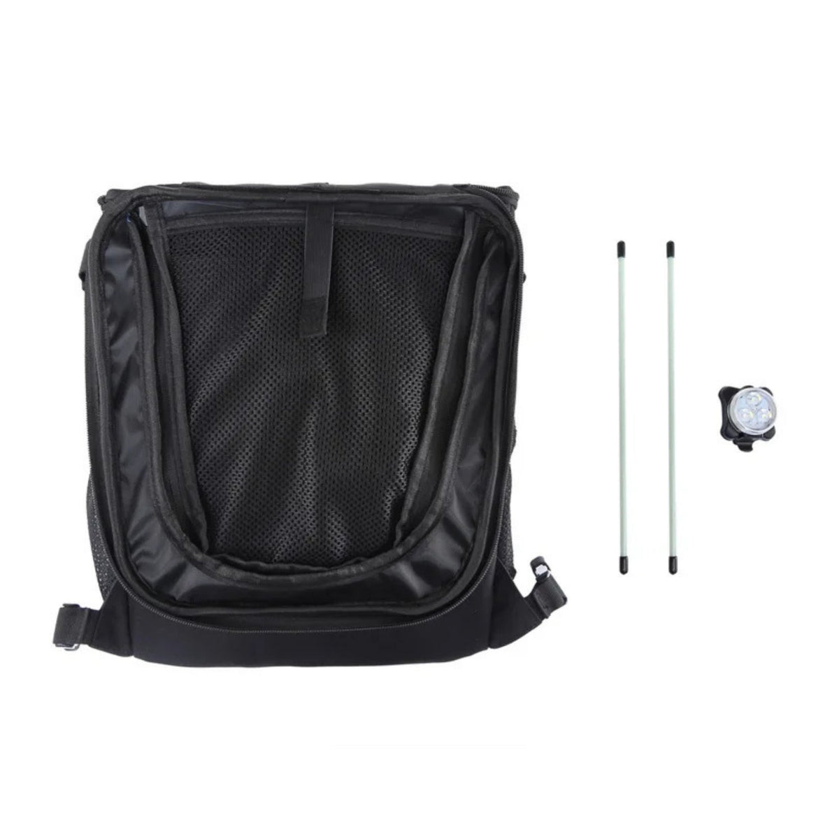 Foldable 2-in-1 pet bike bag and backpack in black with included parts