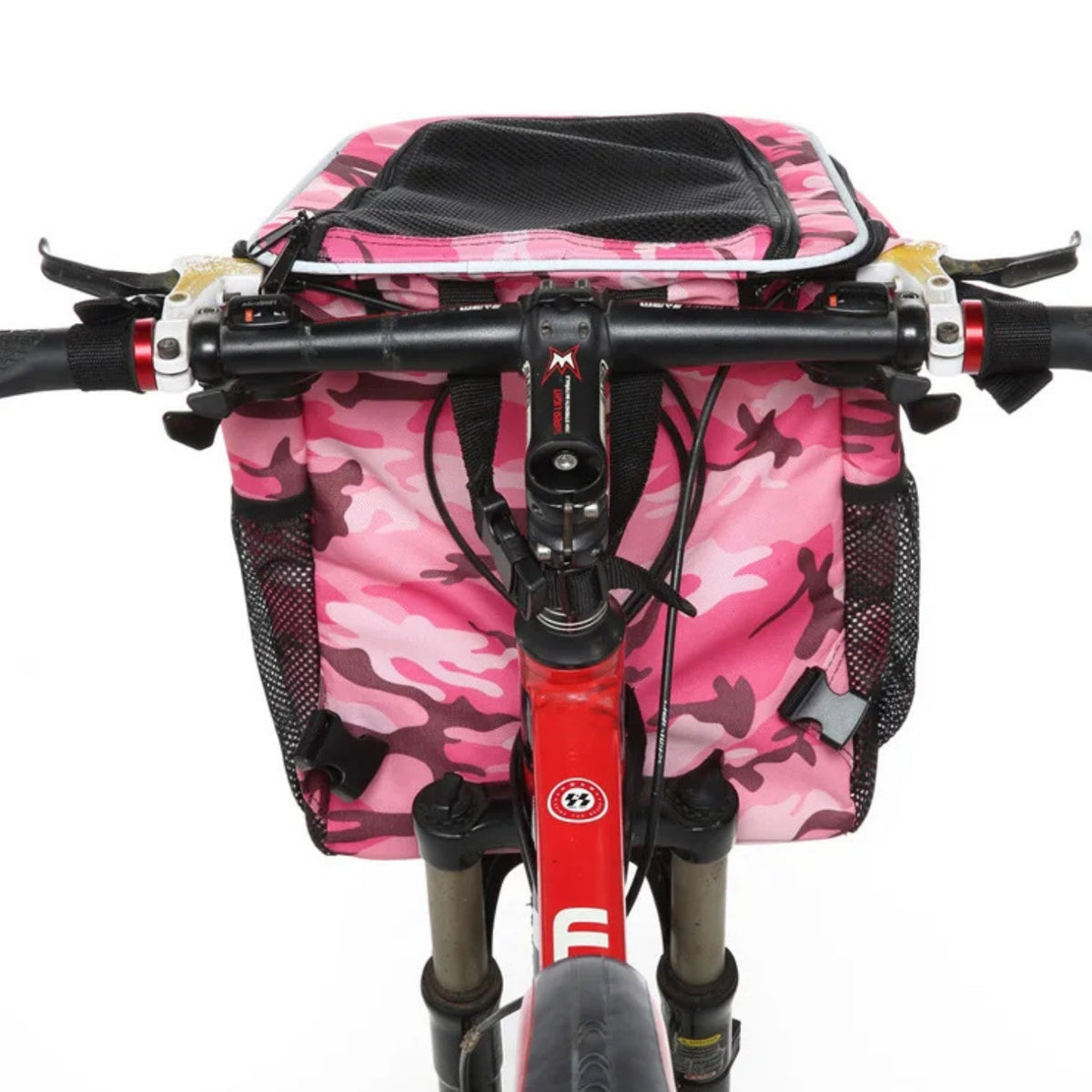 Foldable 2-in-1 pet bike bag and backpack in pink on the bicycle, front view