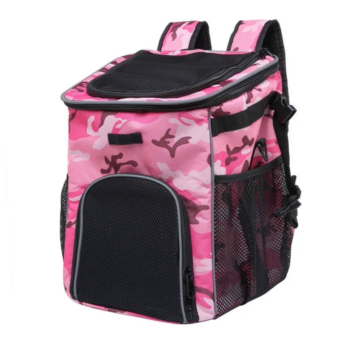 Foldable 2-in-1 pet bike bag and backpack in pink, angled view