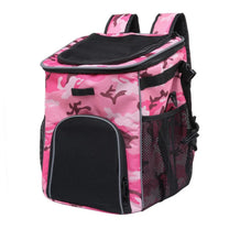 Foldable 2-in-1 pet bike bag and backpack in pink, angled view