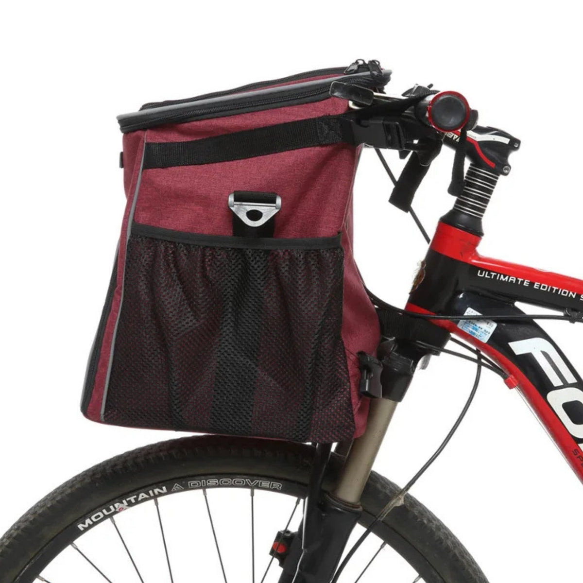 Foldable 2-in-1 pet bike bag and backpack in red on a bicycle, side view
