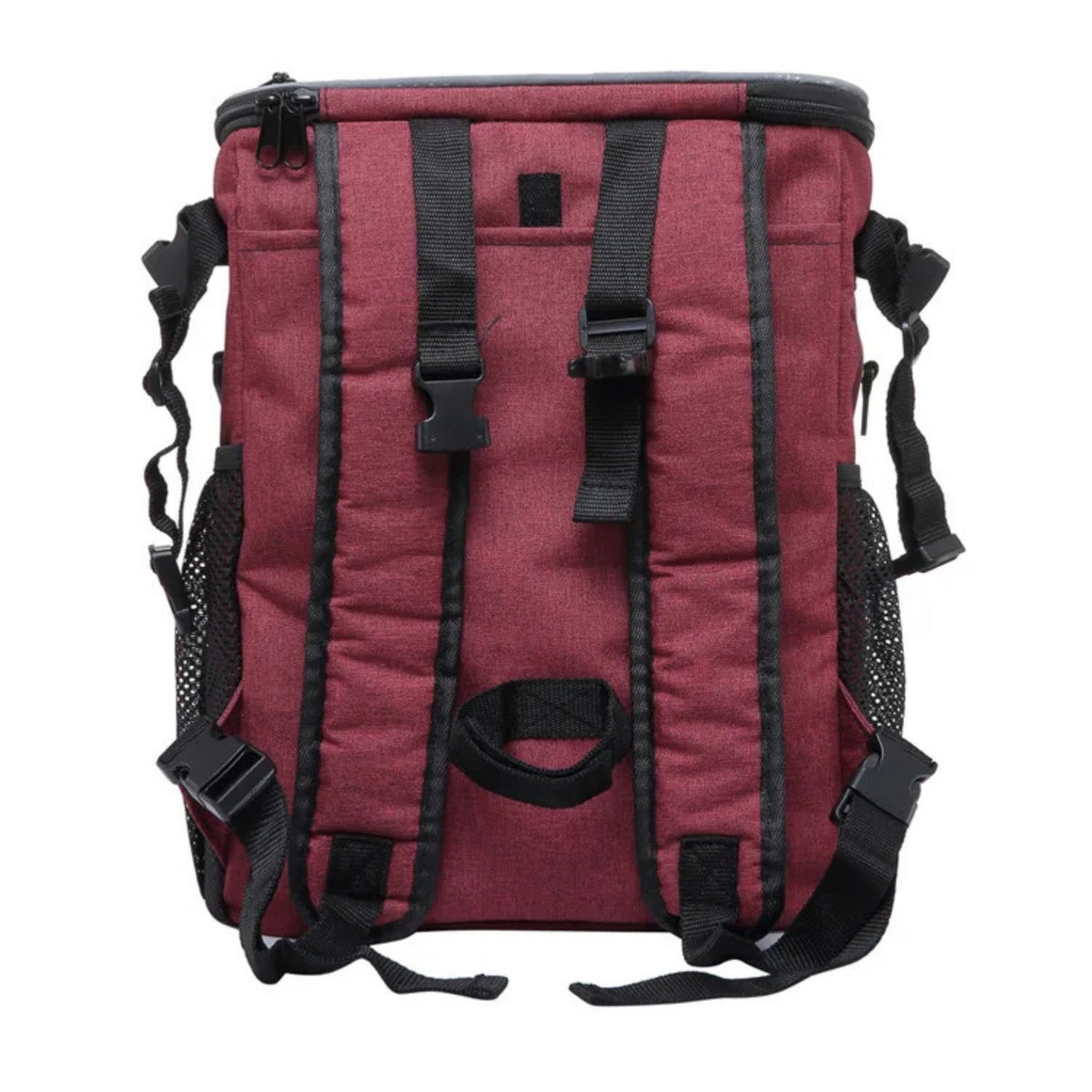 Foldable 2-in-1 pet bike bag and backpack in red, rear view